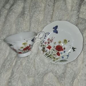 Floral Butterfly Bone China Teacup and Saucer Set - White with Red Poppy Design